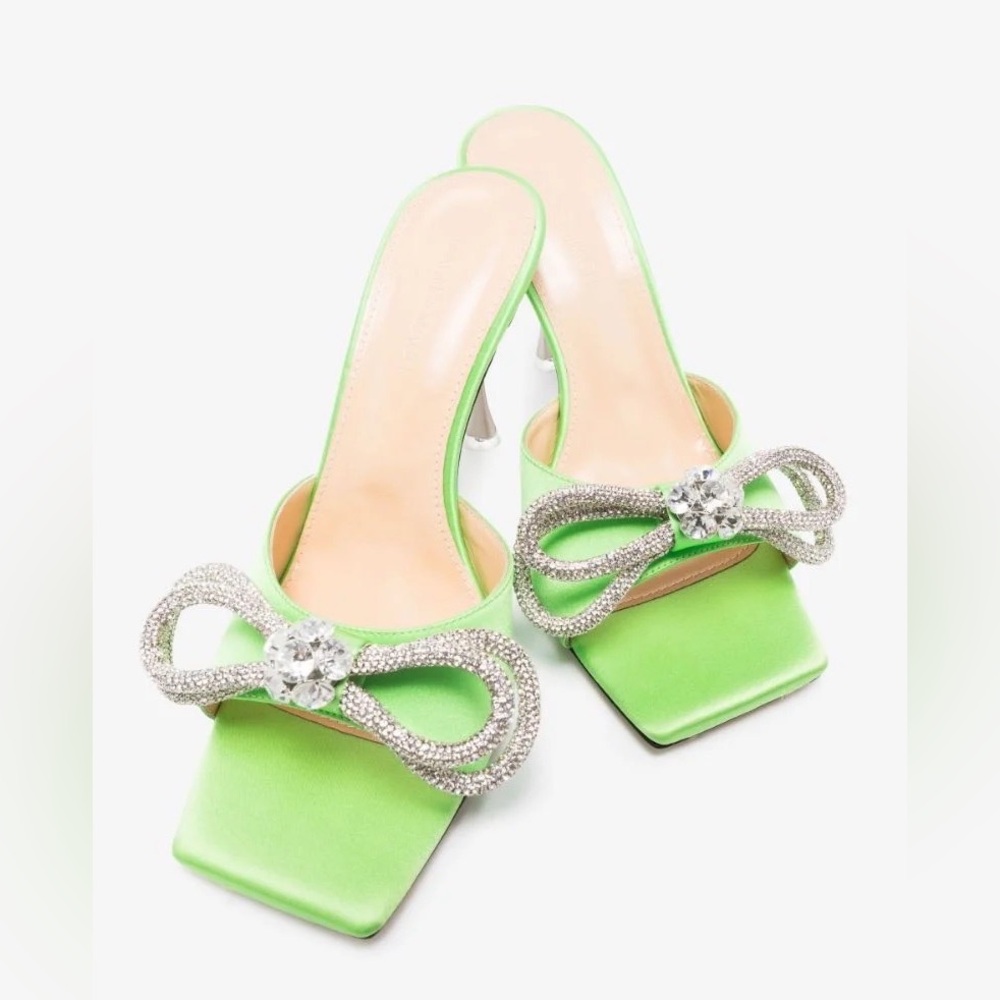 MACH & MACH Green Double Bow 95 Satin Mules